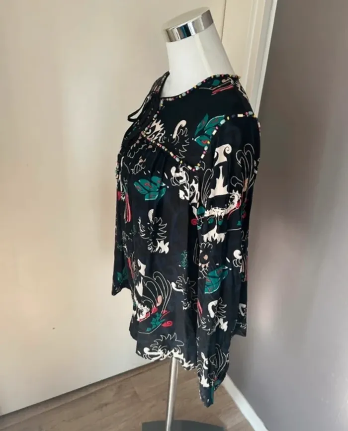 Bel air blouse bohème, chic, imprimé ethnique, 100 % soie femme, taille 2/38 - photo numéro 4