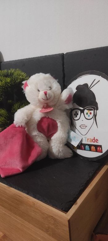 Doudou Baby Nat' Ours Blanc Rose Rouge Bn071 Mouchoir Câlin Framboise Fushia