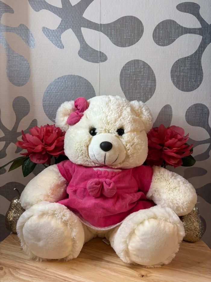 🌺Peluche ours blanc crème avec robe et noeud papillon rose🌺
