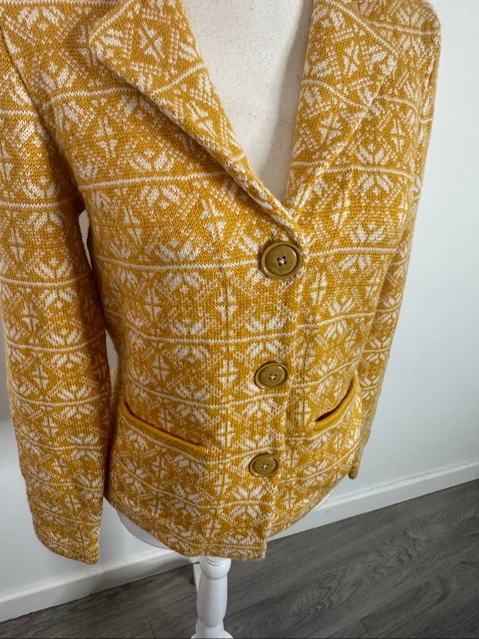 Cardigan en laine vierge jaune et blanc Madeleine T40 L - photo numéro 3