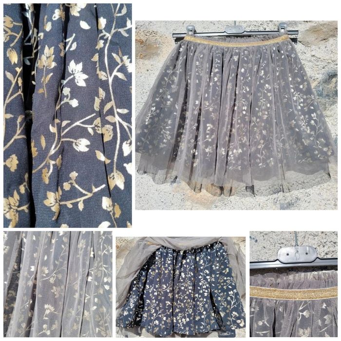 Gémo, jupe de fêtes, tulle,motifs feuilles dorées sur noire, 10 ans