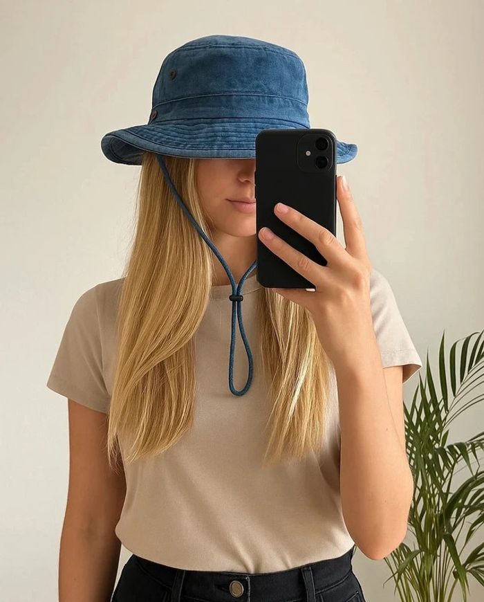 Chapeau unisexe bleu effet denim avec cordon neuf