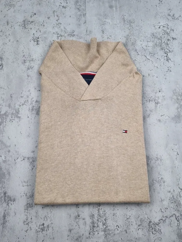Pull fin mi-saison col châle Tommy Hilfiger Crème – Taille L Homme (mesures en photos) - photo numéro 2