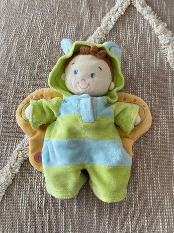 Peluche doudou plat 23cm Nicotoy garçon lutin papillon fée vert orange très bon état