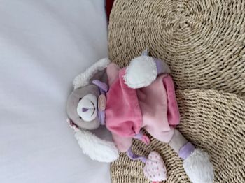 Doudou et compagnie marionnette chien blanc rose mauve Noopette