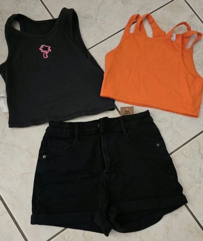 🩷🤩 lot débardeurs courts et short en jeans🩷🤩