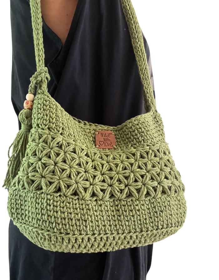 sac bohème au crochet, sac bandoulière, sac à main en coton vert - photo numéro 7
