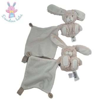 Lot 2 Doudous Lapin beige clair et blanc mouchoir attache tétine TEX