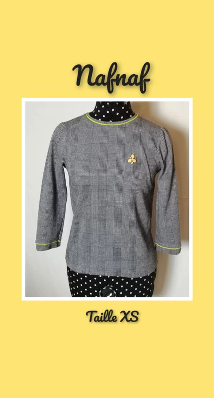 Pull léger haut pied de poule gris jaune taille XS nafnaf