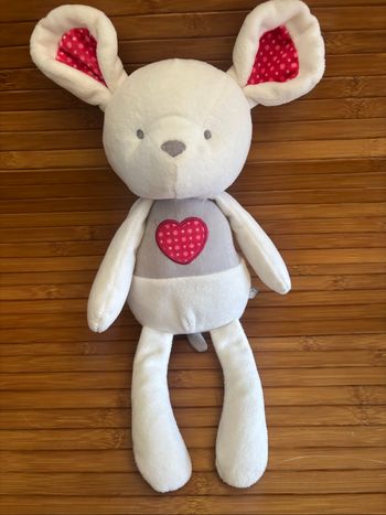 Doudou souris gris blanc cœur rouge pois obaibi