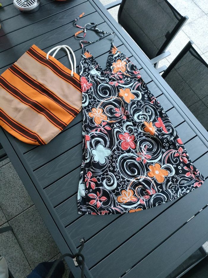 robe dos nu plage cbk 36/38 noir turquoise orange