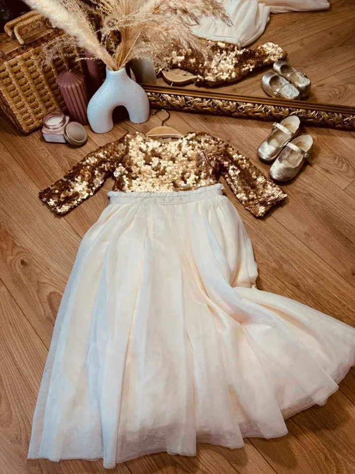 Taille 3-4 ans robe longue créateur fille TAO crème bronze * sequins tulle * 🌸