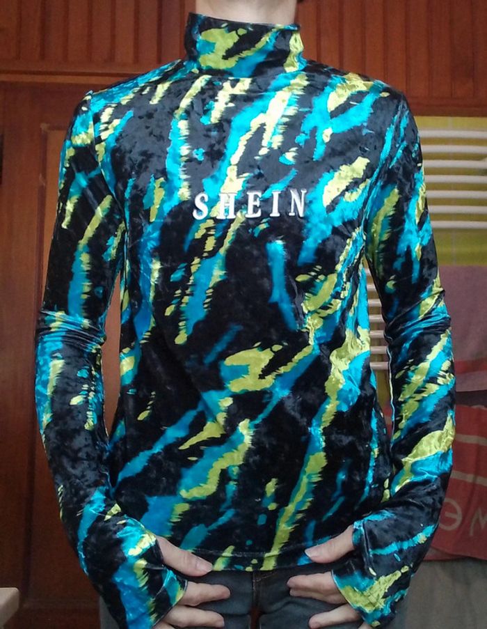 Pull femme col roulé Shein bleu vert noir - photo numéro 7