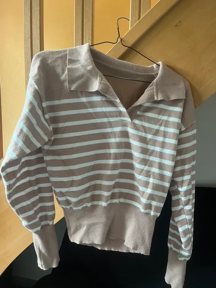 pull col v à rayures beige marron clair et blanc - photo numéro 4