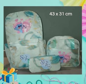 🎒Ensemble scolaire Sac à Dos, Lunchbox et Trousse Stitch & Angel vert d'eau