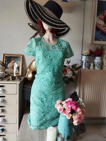 🌿Robe Menthe à l'Eau Dentelle Crochet Ajouré Caroll T34/36🌿