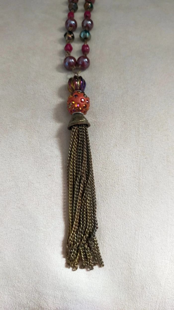 Collier vintage à pampille bronze – Perles prune & métalliques – Style bohème chic - photo numéro 10