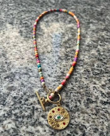 Collier perles multicolores & pendentif œil porte-bonheur neuf, acier inoxydable