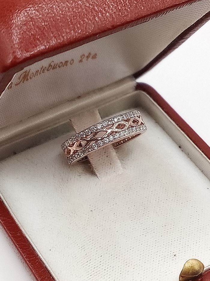 Anello argento 925 fedina color oro rosa con pavé zirconi placcato oro 18 kt? Misura 8.5/9 falange - photo numéro 2