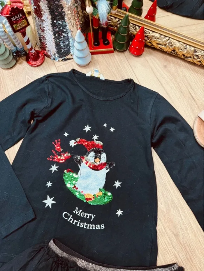 Taille 10 ans tenue 2 pièces fête Noël fille Monoprix Kloane noir * pingouin sequin * 🎄 - photo numéro 2