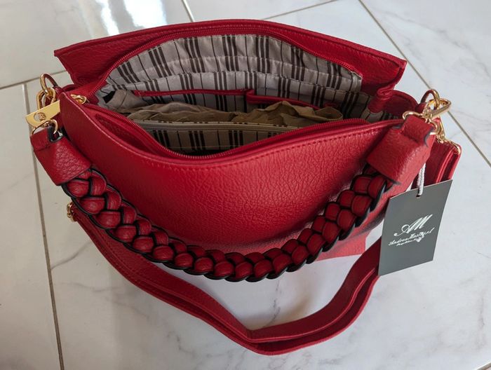 Sac à main rouge – effet cuir grainé avec anse tressée - photo numéro 7