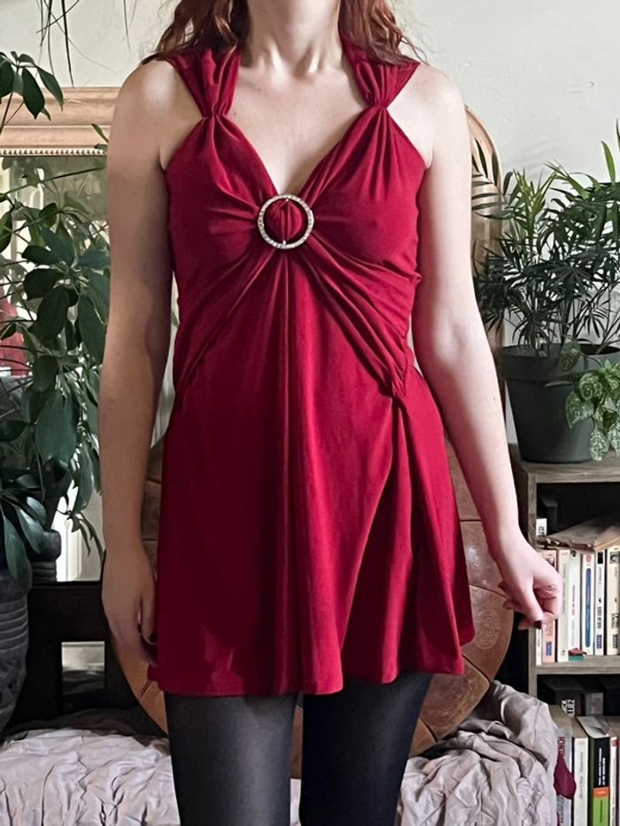 Robe de soirée marqué à la taille et plissé courte - rouge - photo numéro 5