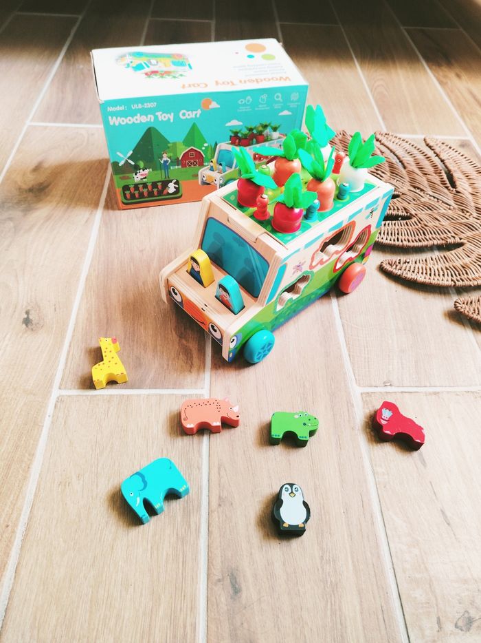 🥕Camion d'éveil 3 en 1 potager, pêche à la ligne et animaux boîte à formes en bois
