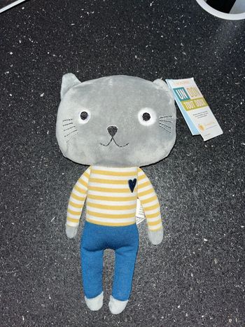 Peluche doudou chat bout’chou Monoprix garçon coeur bleu t-shirt rayé 28 cm