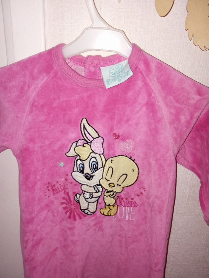 Pyjama bébé fille, 12 mois une pièce Looney Tunes hiver velour, rose - photo numéro 3