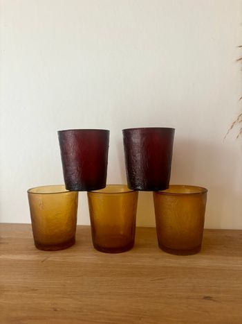 Vintage lot de 5 verres marrons et rouges effet givré 