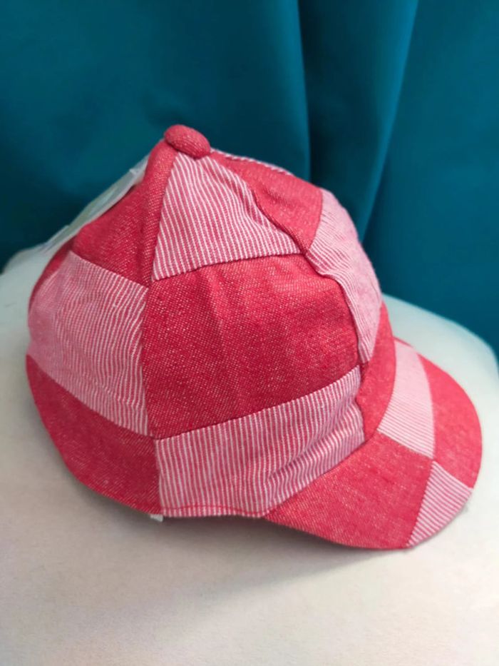 Casquette enfant patchwork rouge en jean rayé – 100 % coton - photo numéro 3