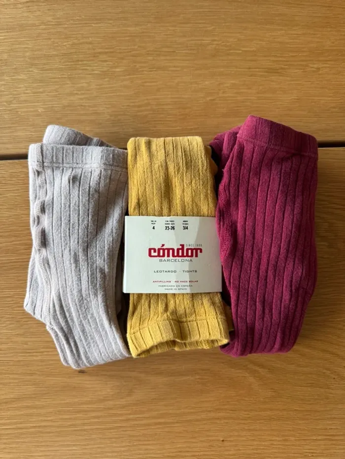 Lot de 3 paires de collants beige/jaune moutarde/rouge bordeaux côtelés - Taille 4 (pour du 4/5 Ans) - photo numéro 2