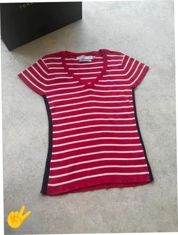 Pull Tommy Hilfiger Col V Taille M rouge blanc Femme Women PULL0173