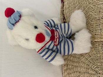 DOUDOU BEBE JACADI OURS BLANC RAYE BLEU NEZ ROUGE  non lavé
