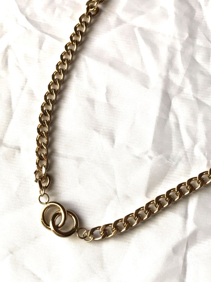 Collier Pendentif Cercles Anneaux Double Maillons Torsadés Chaîne Bijou Doré Fantaisie Hommes Femmes - photo numéro 3