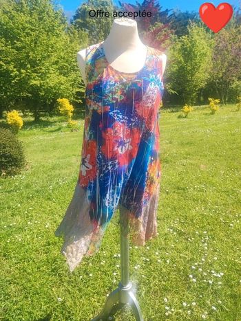 🌎Tunique rare vintage débardeur long dentelle multicolore femme taille s 36 vintage état impeccable