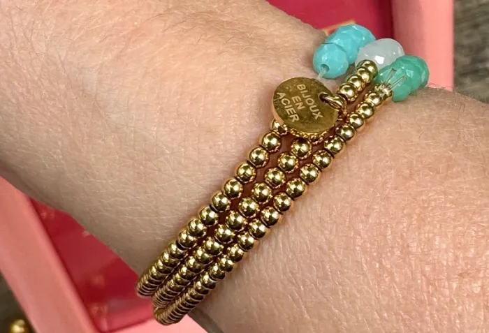 Lot de 3 bracelets boules acier inoxydable or perles multi facettes blanches turquoises vert d’eau - photo numéro 8