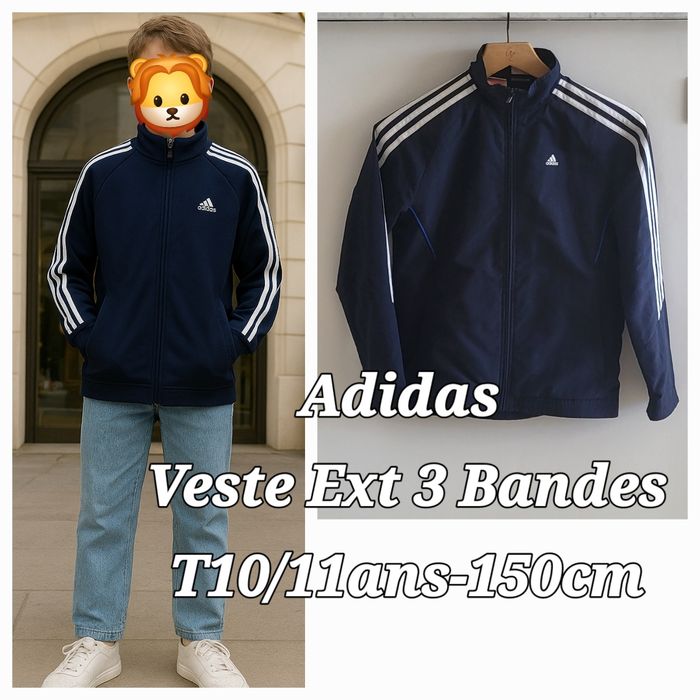 Adidas Veste Ext 3 Bandes T10/11ans-150cm-Marine et Blanc-Logo Brodé Poitrine&Patch Bleu dos