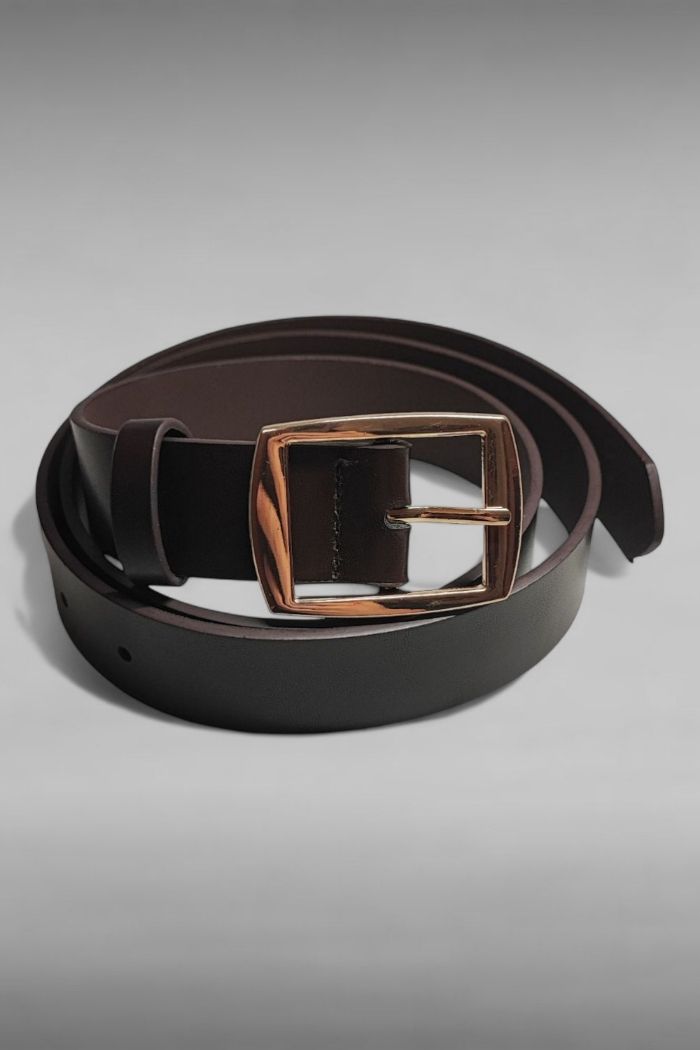 Ceinture cuir marron foncé Boucle acier dorée 117CM