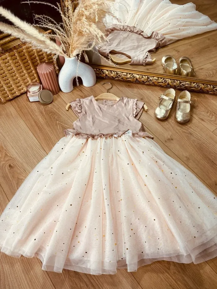 Taille 3-4 ans Robe longue créateur fille TAO beige crème doré * satin tulle étoile * 🌸