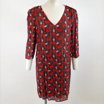 Robe fluide Bonobo imprimé fleuri rouge et noir, col V, manches 3/4, taille S A1572