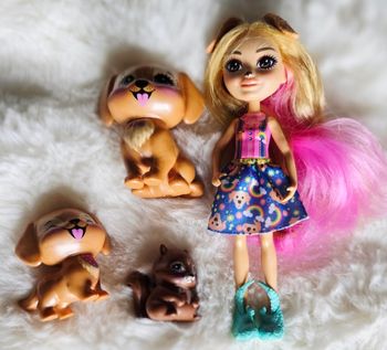 Poupée  enchantimals et ses chiens et son écureuil neuve