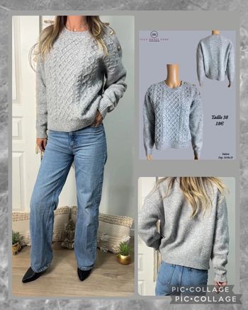 🩶Pull gris torsadé à boutons dorés épaules – Taille 38 NEW (vidéo portée dispo ) 🩶