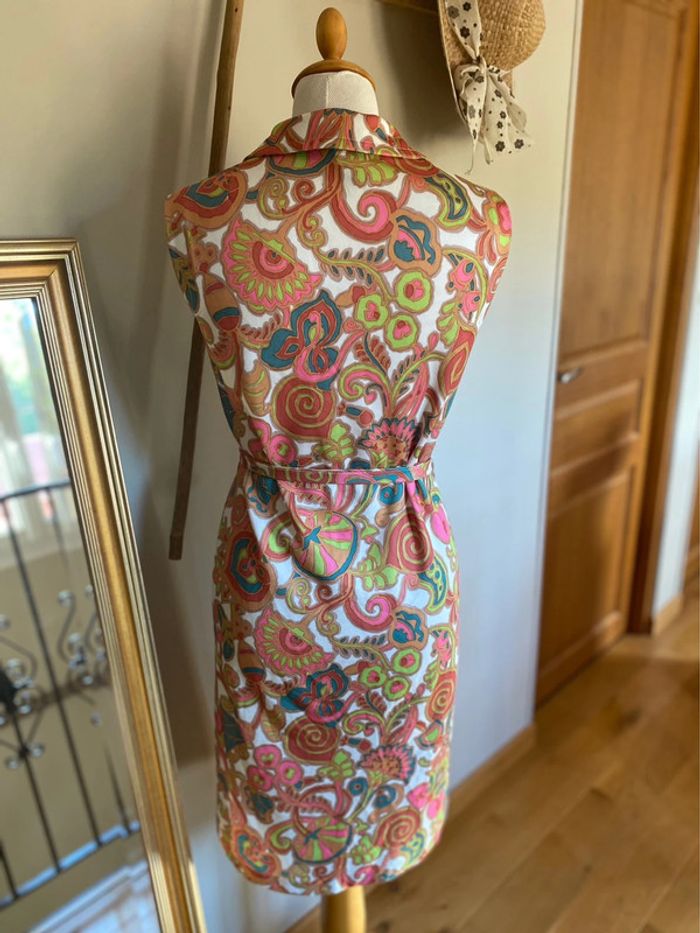 Robe Blanche à Motifs Paisley Marron avec ceinture assortie Vintage Années 70 - photo numéro 3