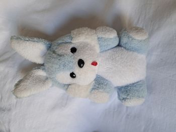 Peluche lapin bleu et blanc grelot marque nounours Hauteur 27 cm ancien vintage