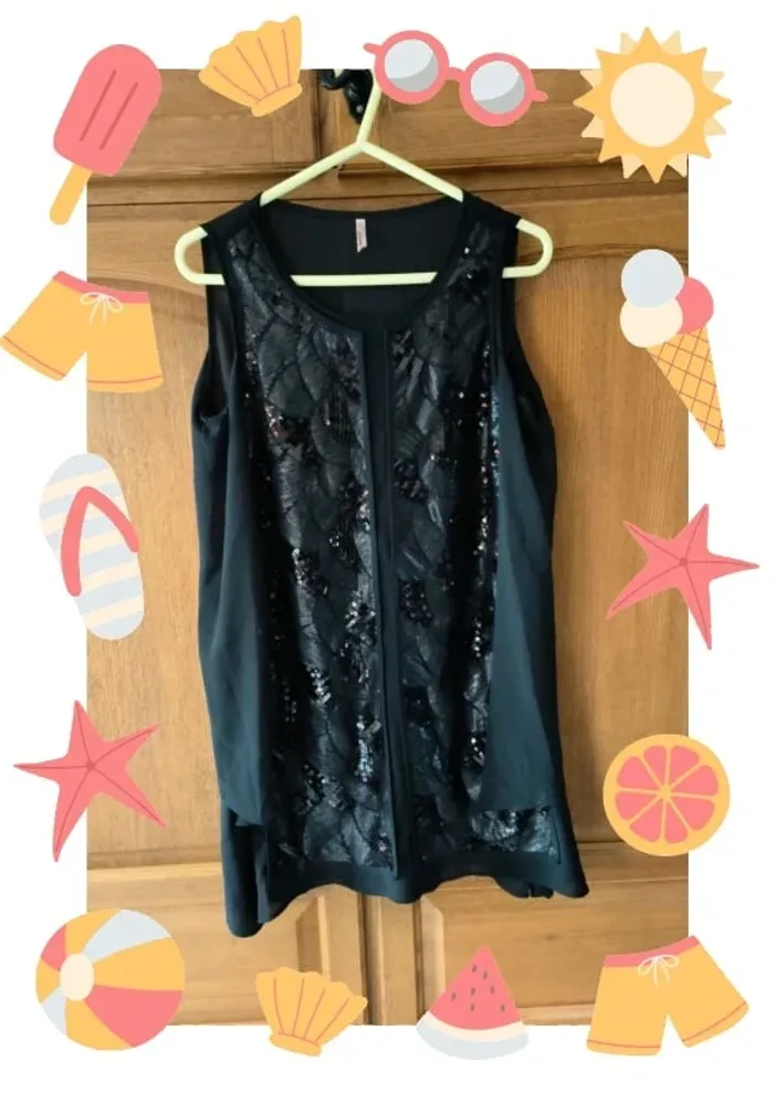 Tunique sans manches noire fluide avec sequins 38