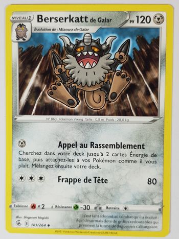 Carte Pokemon Berserkatt de Galar 181/264 ◆ Poing de Fusion FR ©