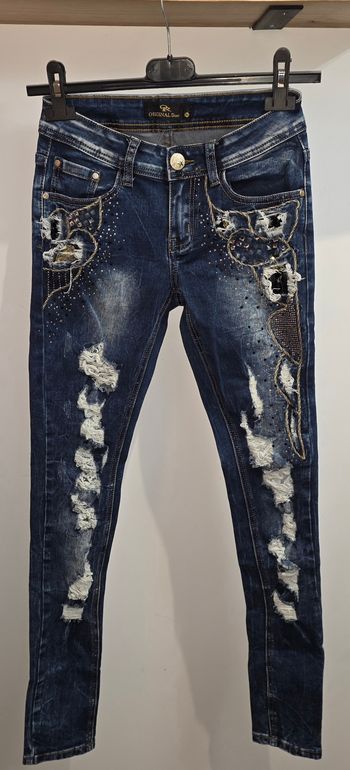 Jeans effet troué, strass/paillettes XS