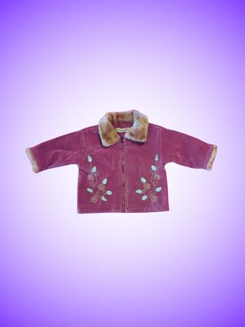 Manteau Bébé/Enfant Velours Côtelé Bordeaux Tom Kids – Col Fourrure & Broderies Florales – 12 mois, 74 cm – Très Bon État
