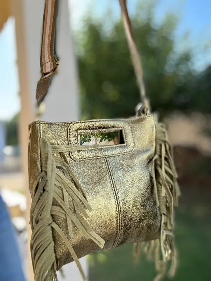 Sac bohème cuir vert irisé franges et 2 bandoulières - photo numéro 8